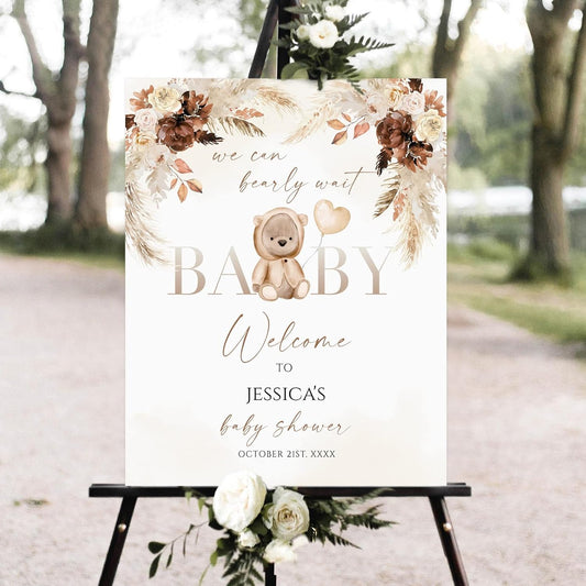 Personalized Brown Teddy Bear Baby Shower Welcome Sign, We Can Bearly Wait Baby Shower Sign Decoration