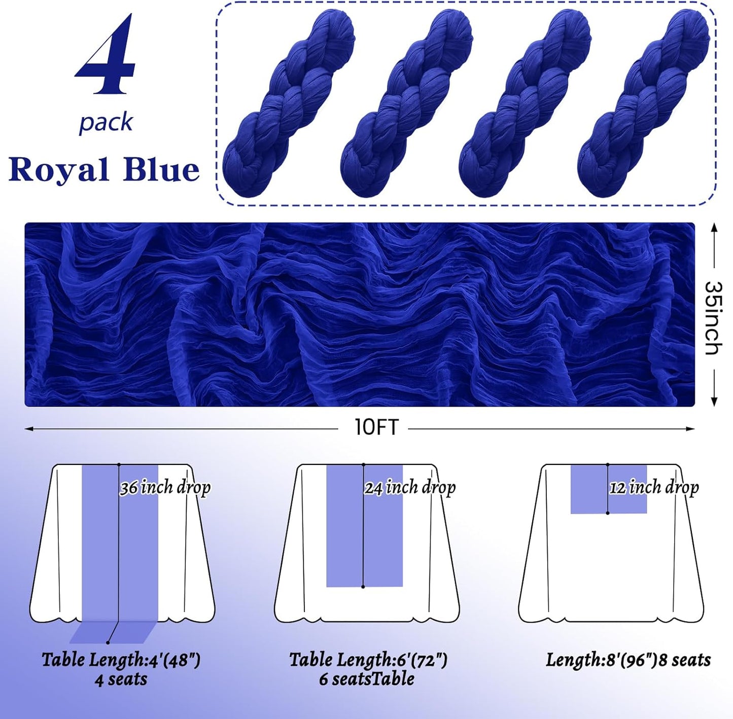 4Pack Royal Blue Cheesecloth Table Runner 10FT Gauze Cheese Cloth Table Runner 35x120Inch Long Boho Spring Easter Table Runners Rustic Sheer Table Runners for Wedding Baby Shower Bridal Shower Decor