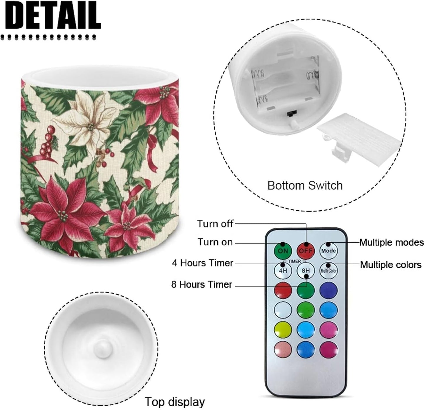Poceacles Christmas LED Candles Set of 4 with Remote Timer, Multi-Color Flickering Flameless Battery Operated Candles Elegant Home Desktop Tabletop Decorations, Poinsettia Flower