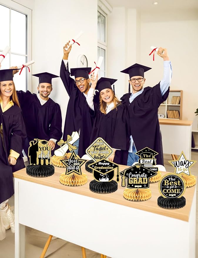 Graduation Table Decorations 2026 - Graduation Centerpieces for Tables, 9 Pcs Black and Gold Honeycomb Centerpieces, 3D Congrats Grad Table Toppers for Class of 2026 Grad Party Decorations