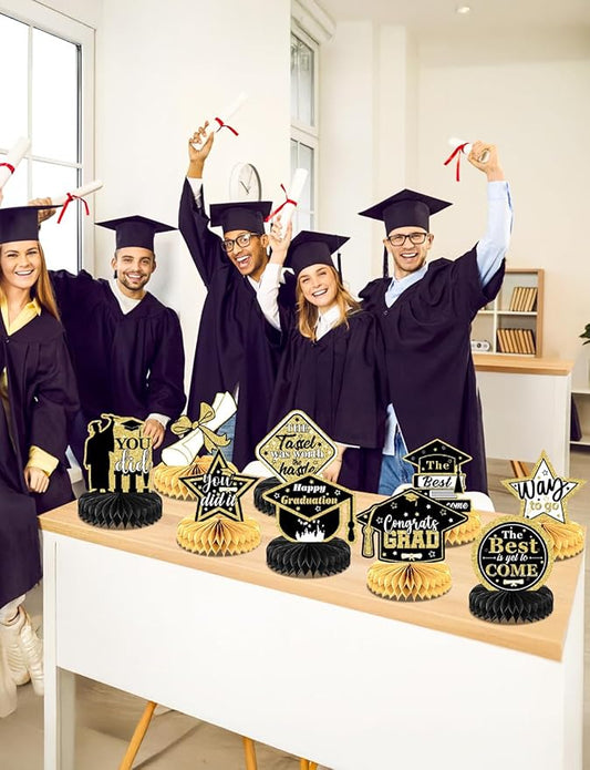 Graduation Table Decorations 2026 - Graduation Centerpieces for Tables, 9 Pcs Black and Gold Honeycomb Centerpieces, 3D Congrats Grad Table Toppers for Class of 2026 Grad Party Decorations