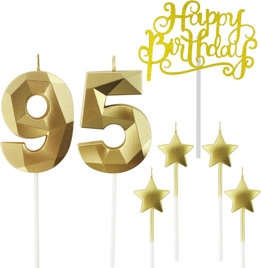 Golden Number 95 Birthday Candles and Star Birthday Candles 2.76 inch 3D Diamond Shaped Candles for Birthday Parties and Anniversary Cake Decorations