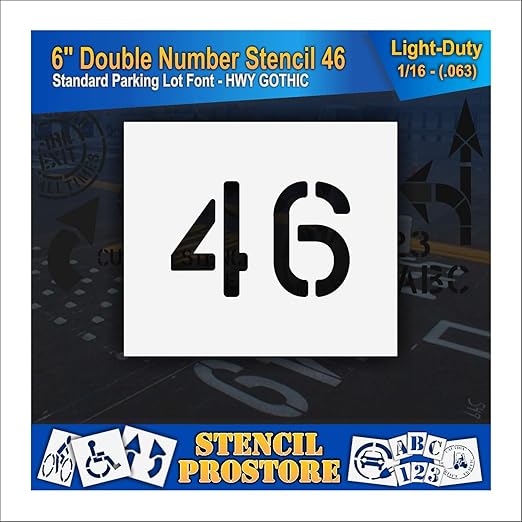 Pavement, Curb, and WheelStop Stencils - 6 inch Double Number Stencil - (46) - 6" x 9" x 1/16" (63 mil) - Light-Duty
