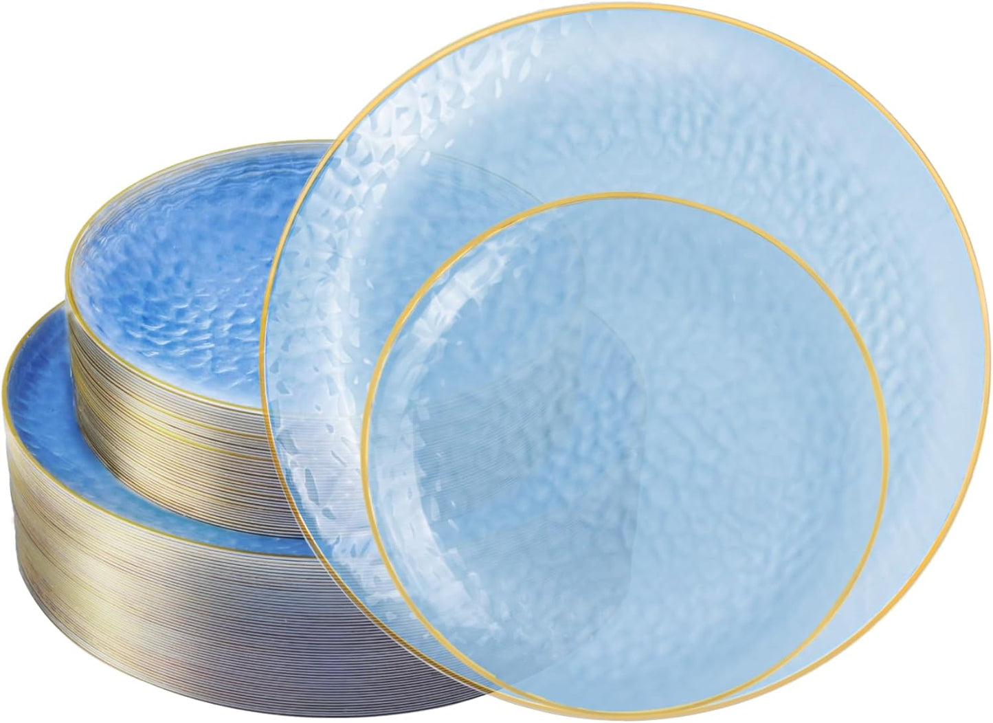 Lullaby 60Pcs Blue Gold Plastic Plates, Blue Disposable Plates With Gold Rim, Hammered Plastic Plates Include 30 Dessert Plate 10'', 30 Dinner Plate 7.5'' for Party, Birthdays and Wedding ﻿