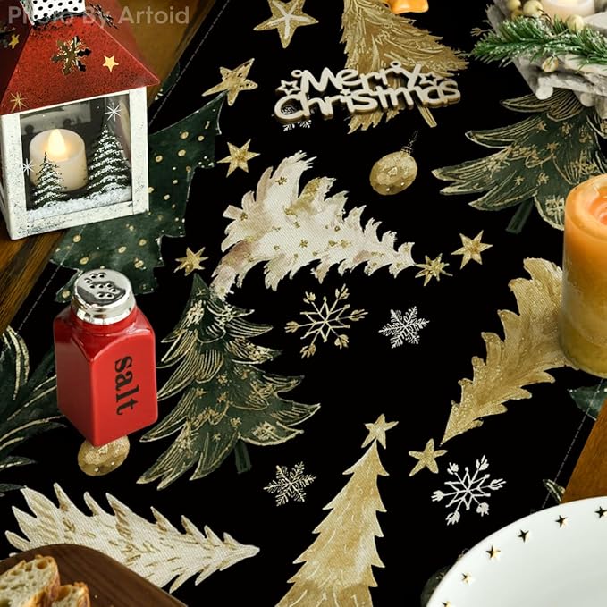 Artoid Mode Gloden Pine Trees Snowflake 210 GSM Christmas Table Runner,Xmas Balls Winter Holiday Kitchen Dining Table Decoration for Home Party Decor 13x120 Inch