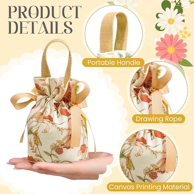 Liobelon 8 Pieces Floral Mini Gift Bags with Handles 14x9.5x6cm/5.5x3.7x2.3inch Canvas Small Candy Bag Tea Party Favor Bags for Party, Wedding, Bridal Shower, Valentine's Day, Mother's Day (champagne)