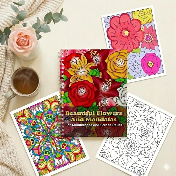 Spiral Bound Adult Coloring Book for Women - 40 Mandala and Flowers Designs - Stress Relief & Relaxation - Single Sided, Perforated Pages, Large A4 Format