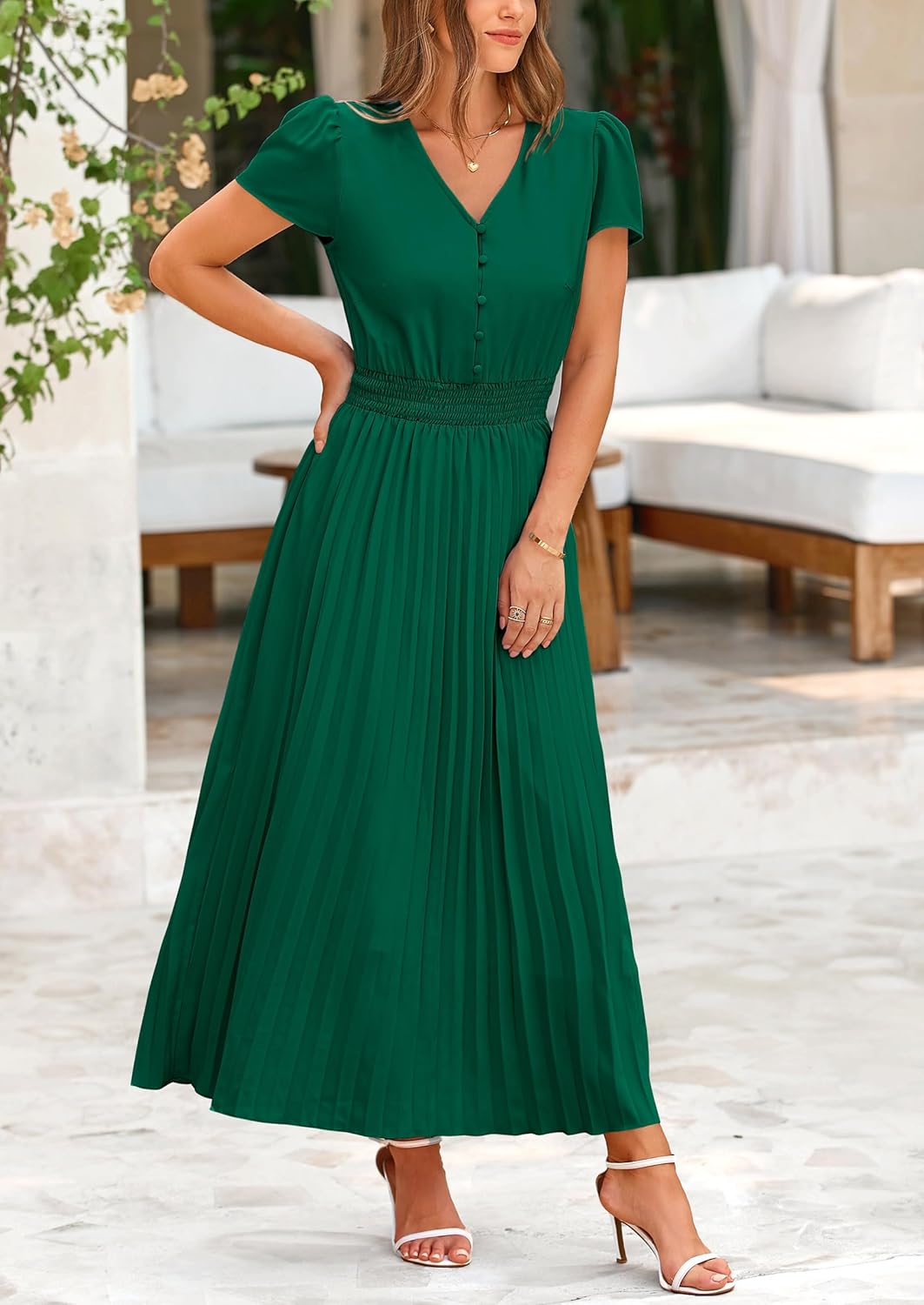 PRETTYGARDEN Women's Maxi Dresses 2025 Summer Trendy Cap Short Sleeve Button V Neck Casual Flowy Pleated Long Dress