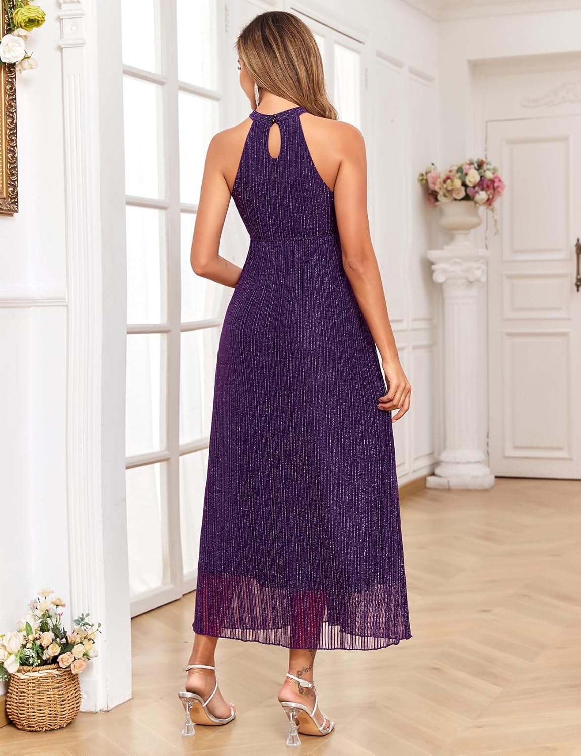 Maternity Sparkly Mesh Dress Halter Neck Sleeveless A Line Pregnancy Dresses Semi Formal Baby Shower Photoshoot