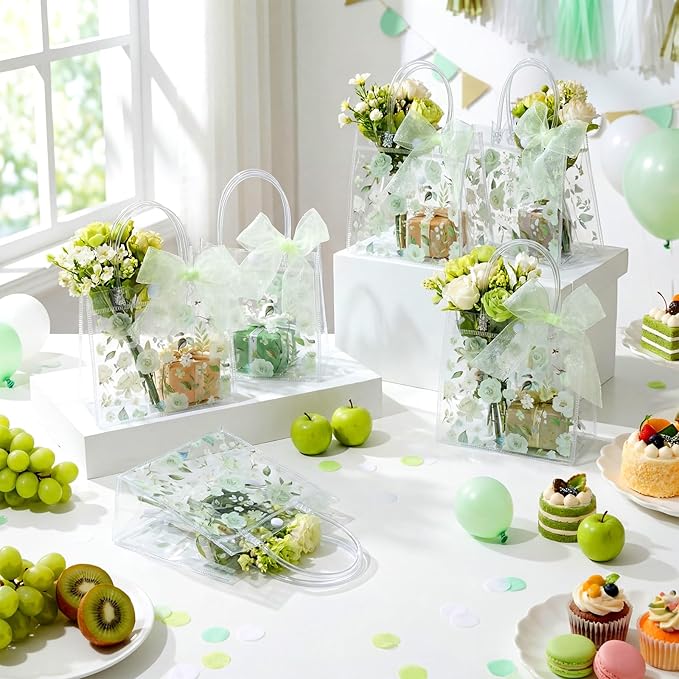 Wesnoy 24 Pcs Clear Floral Gift Bags with Handles Rose Green Flower PVC Treat Tote Bag for Tea Birthday Party Wedding Bridal Shower Bachelorette Anniversary Engagement Guests, 7.8 x 7.8 x 3.2 Inch