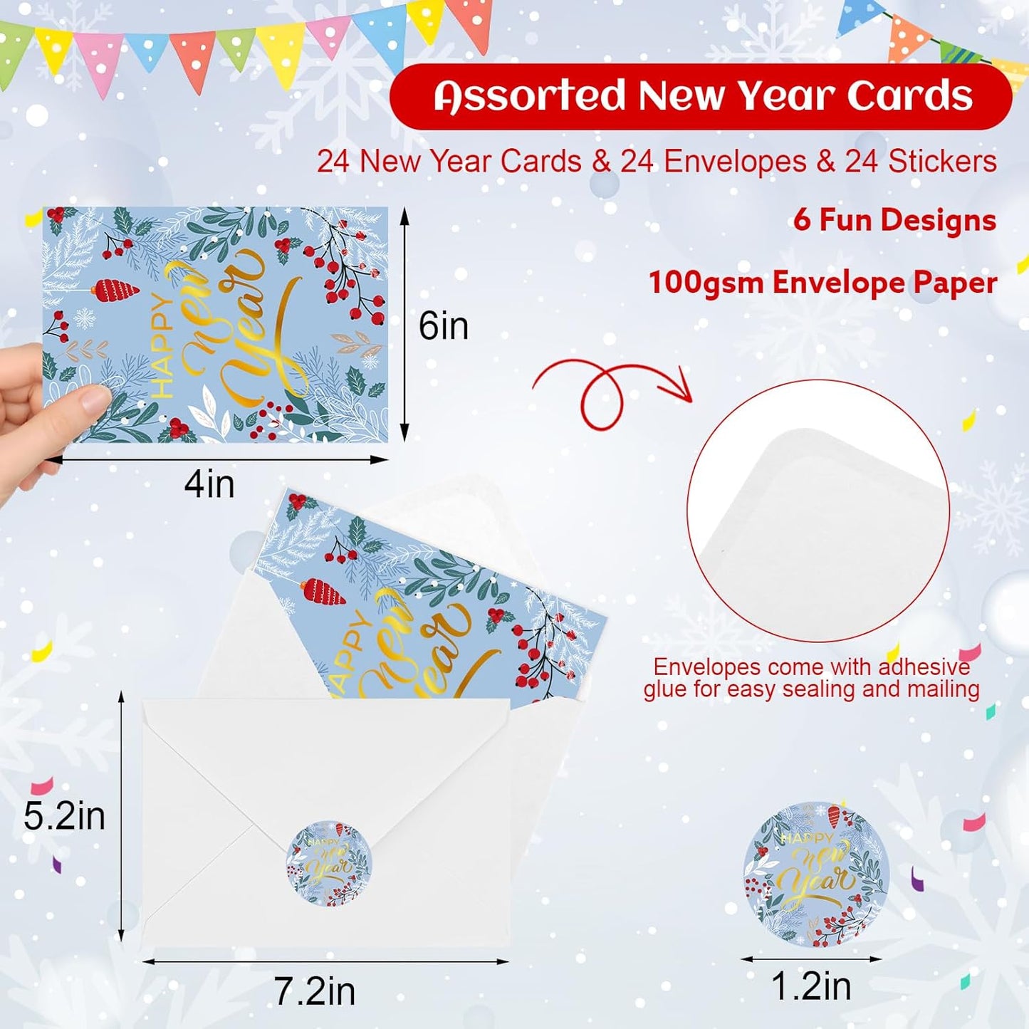 24 Pack Happy New Year Cards with Envelopes & Stickers - 5 * 7in Gold Foiled Happy New Year Greeting Cards 6 Design with Printed Message Inside for Family Friend Teacher Classmate