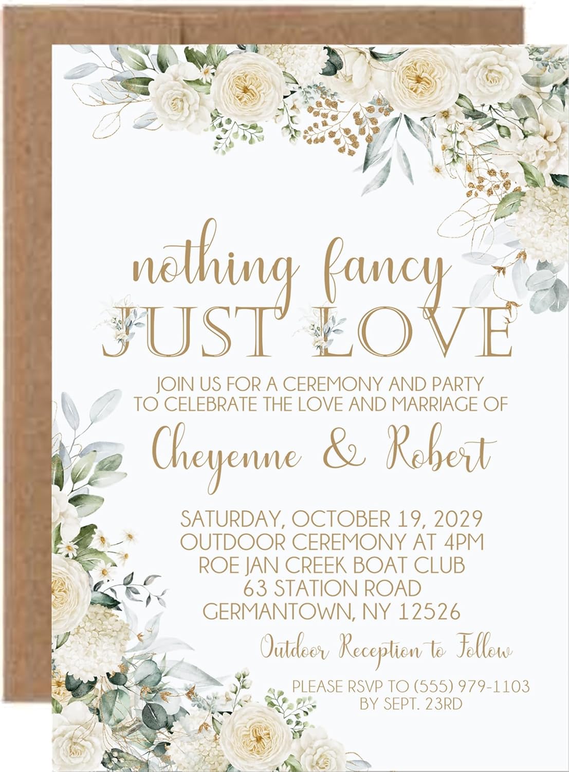Green & White Wedding Invitations, Ivory Rose Garden, Personalized, Set of 12 Invitations with Envelopes