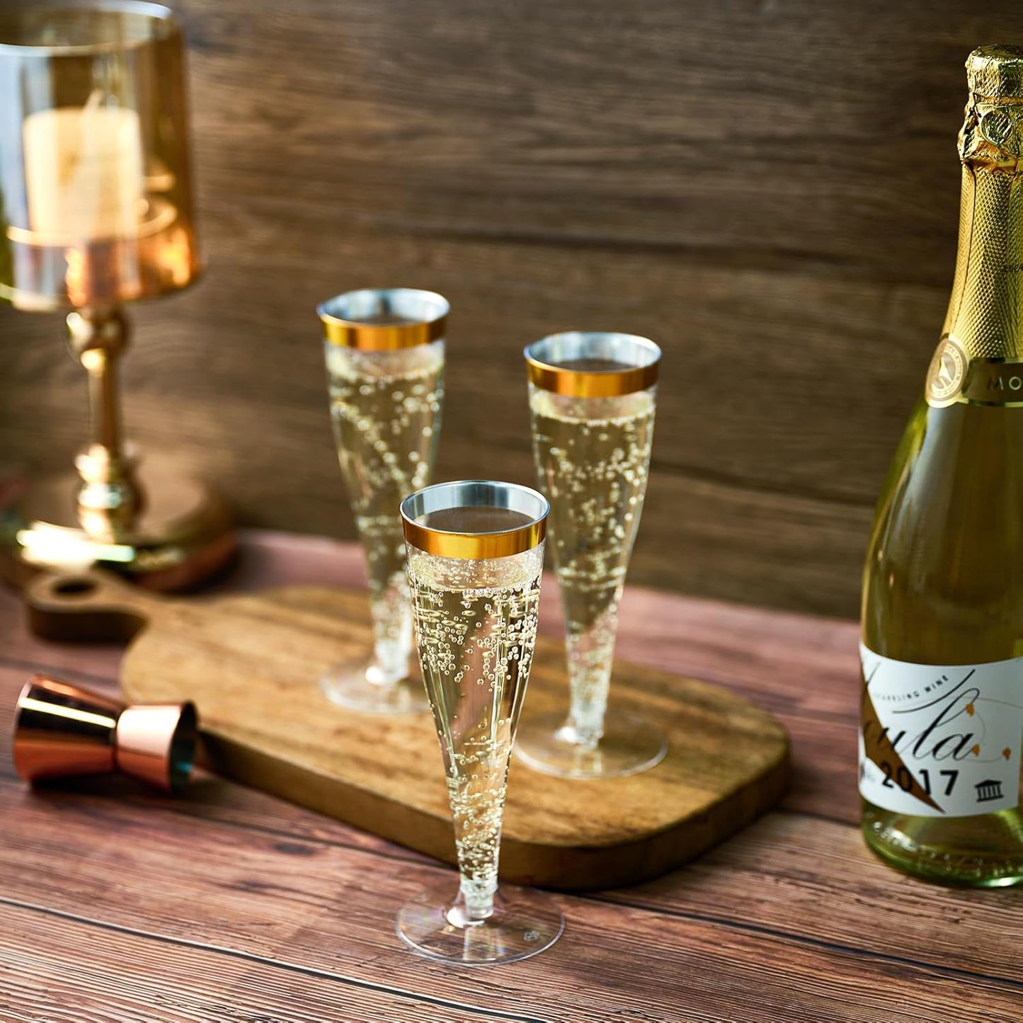 FOCUSLINE 50 Pack Plastic Champagne Flutes, 4.5 Oz Gold Rim Disposable Champagne Glasses for Wine, Cocktails, Mimosas, Disposable Clear Toasting Glasses, Perfect for Parties and Any Celebrations