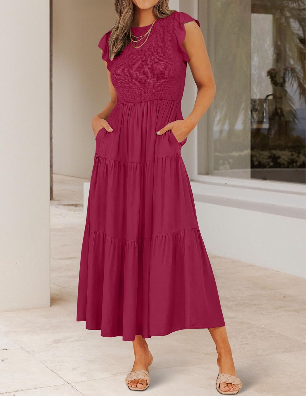 ZESICA Women's 2025 Summer Casual Flutter Short Sleeve Crew Neck Smocked Elastic Waist Tiered Midi Dress