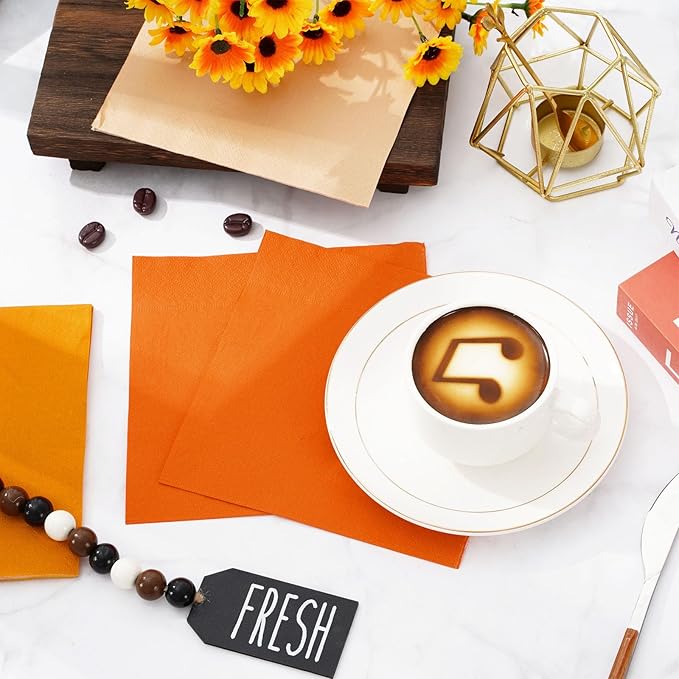 Whaline 150Pcs Orange Cocktail Napkin 3 Colors Fall Paper Napkin Disposable Beverage Napkins for Autumn Harvest Thanksgiving Home Party Birthday Wedding Table Decor Supplies