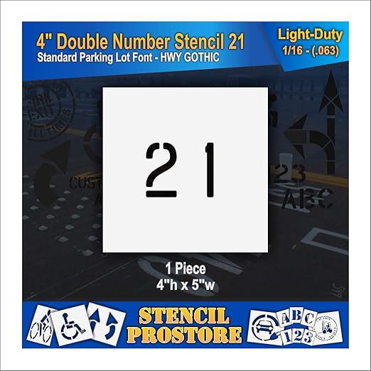 Pavement, Curb, and WheelStop Stencils - 4 inch Double Number Stencil - (21) - 4" x 4" x 1/16" (63 mil) - Light-Duty
