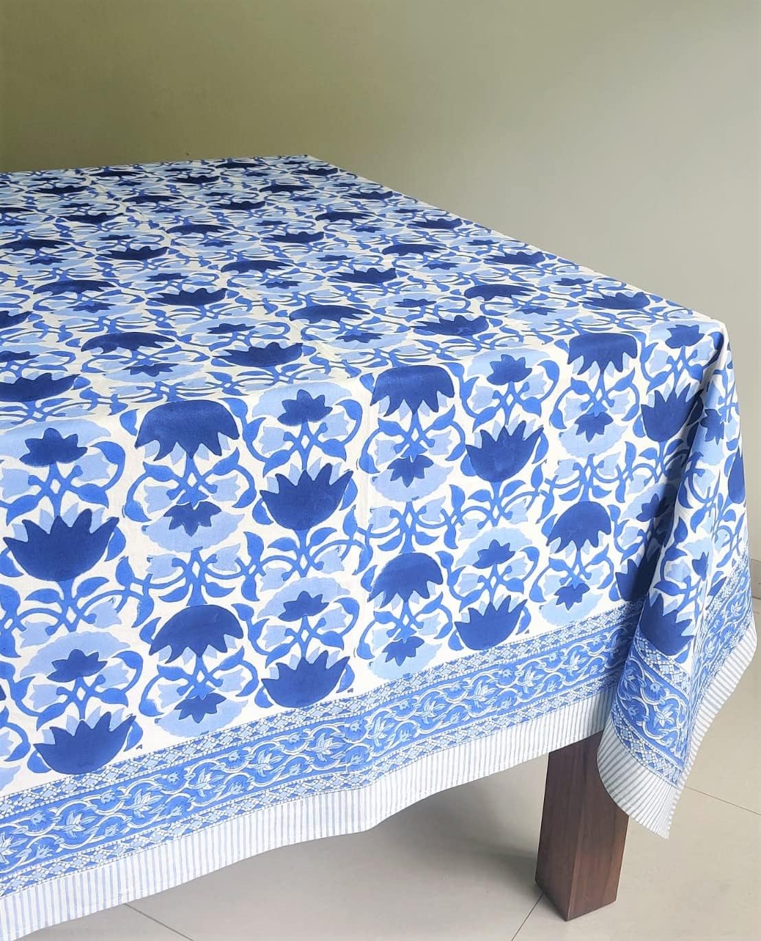 ATOSII Positano Blue 100% Cotton Rectangle Fall Tablecloth, Handblock Floral Linen Table Cloth for Kitchen Dining Table I Tabletop I Parties Wedding Christmas Thanksgiving I Fall Decor 60 X 90 Inches