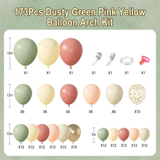 Amandir 173Pcs Dusty Pink Yellow Mist Green Balloon Arch Garland Kit Pastel Peach Mauve Ivory White Sand Confetti Balloons for Fall Bear Baby Shower Summer Birthday Wedding Floral Party Decorations