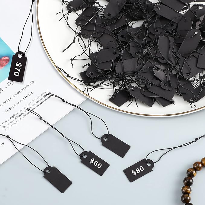 200 Pcs Black Price Tags, Gift Tags with Elastic String, Jewelry Price Tag Writable Kraft Gift Tag for Clothes Jewelry Stocking Stuffers(Black,1×0.47inch