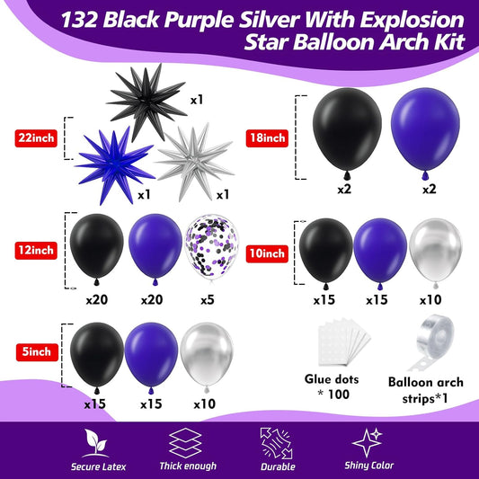 Purple and Black Balloon Arch Kit, 132Pcs Explosion Star Metallic Silver Purple Black Confetti Balloon Garland kit Different Size Balloons for Halloween Graduation Birthday Party Decorations