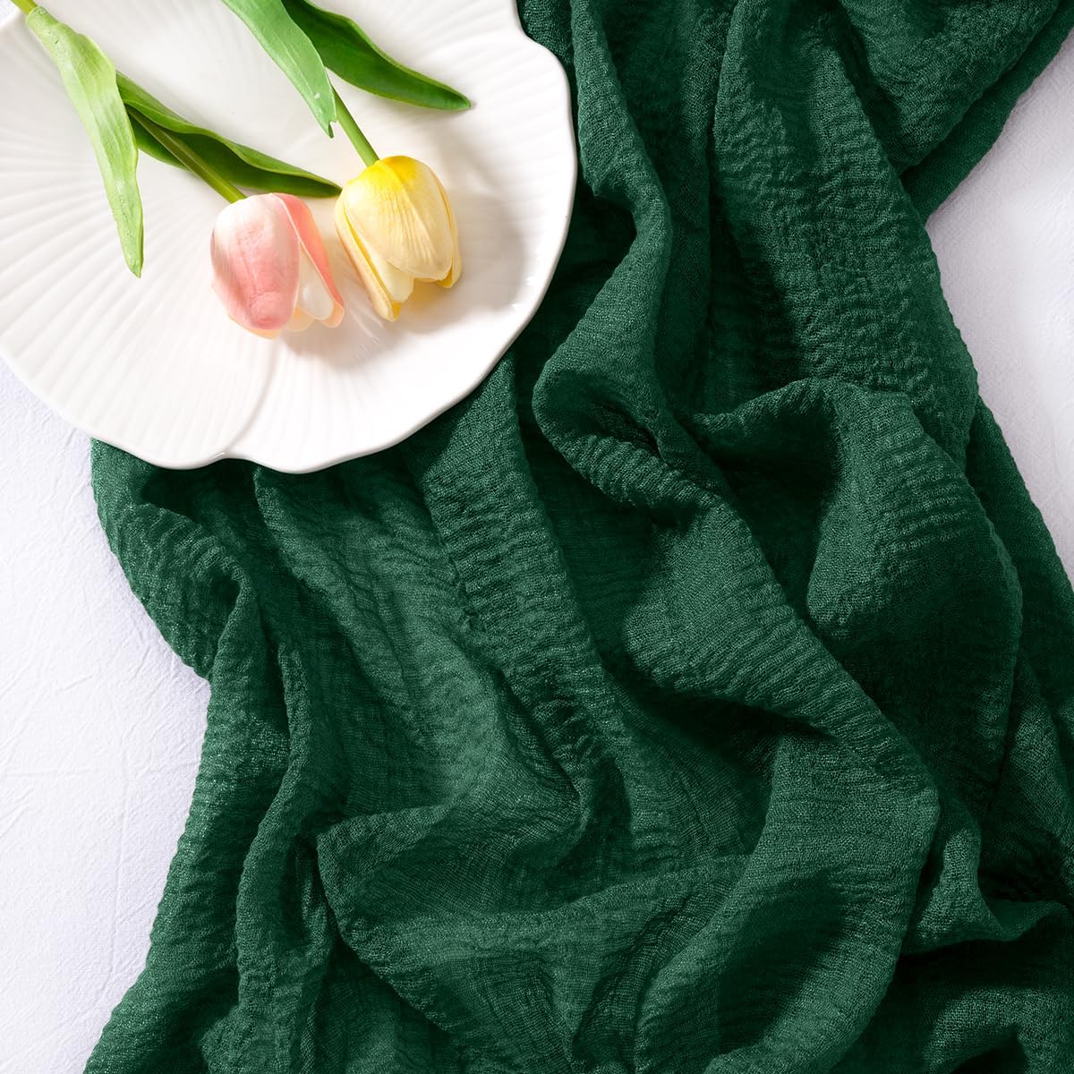 Socomi 3pcs Emerald Green Fall Thanksgiving Cheesecloth Table Runner Gauze 120 Inch Rustic Boho Cheese Cloth Runner for Wedding Party Baby Bridal Shower Centerpiece Decoration Holiday Home Decorations