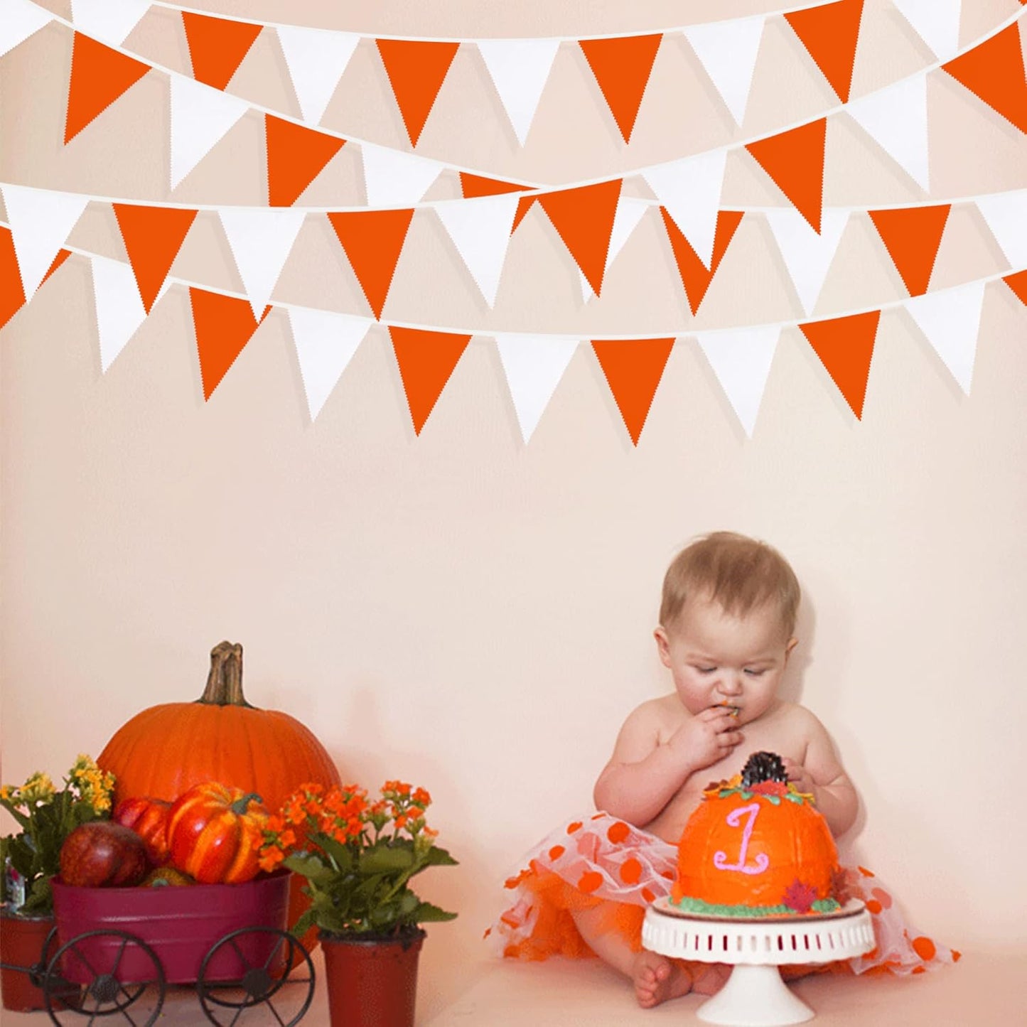32Ft Orange White Triangle Flag Fabric Banner Pennant Garland Bunting Streamers for Fall Decor Autumn Wedding Birthday Party Thanksgiving Day Graduation Home Nursery Outdoor Garden Hanging Decoration