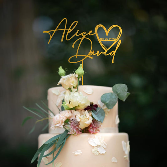 Noni Luxury Personalized Wedding Cake Topper with date and hear, Custom Cake topper, Gold Cake Topper wedding, Rustic Wedding Cake Topper, Mr and Mrs Topper for Wedding Cake, Personalized Cake Topper