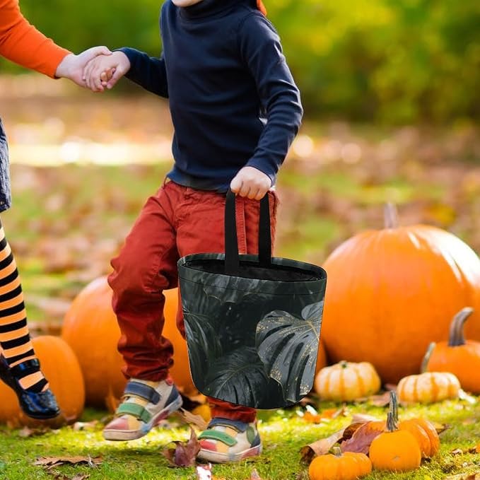 Halloween Candy Bucket - Grey Gold Plant Leaves Trick Or Treat Candy Bag, Gift Bag for Party Favor Supplies