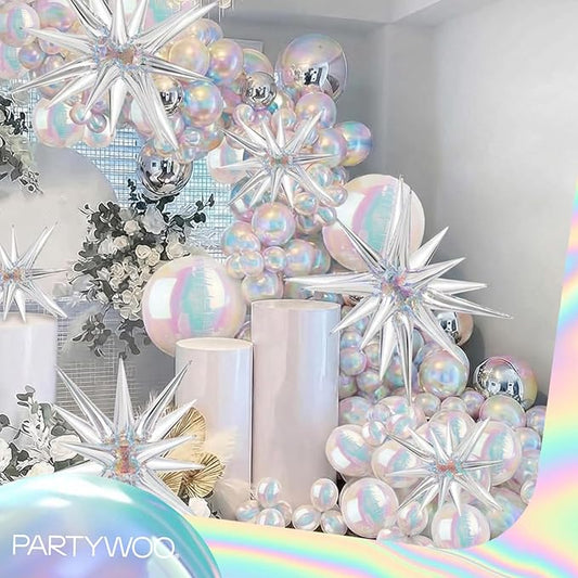 PartyWoo Iridescent Foil Balloons 6pcs 22 Inch Large Round Foil Big Giant 4D Jumbo Inflatable Mirror Ball Mylar Balloons for Wedding Anniversary Birthday Baby Shower Disco Party Decorations