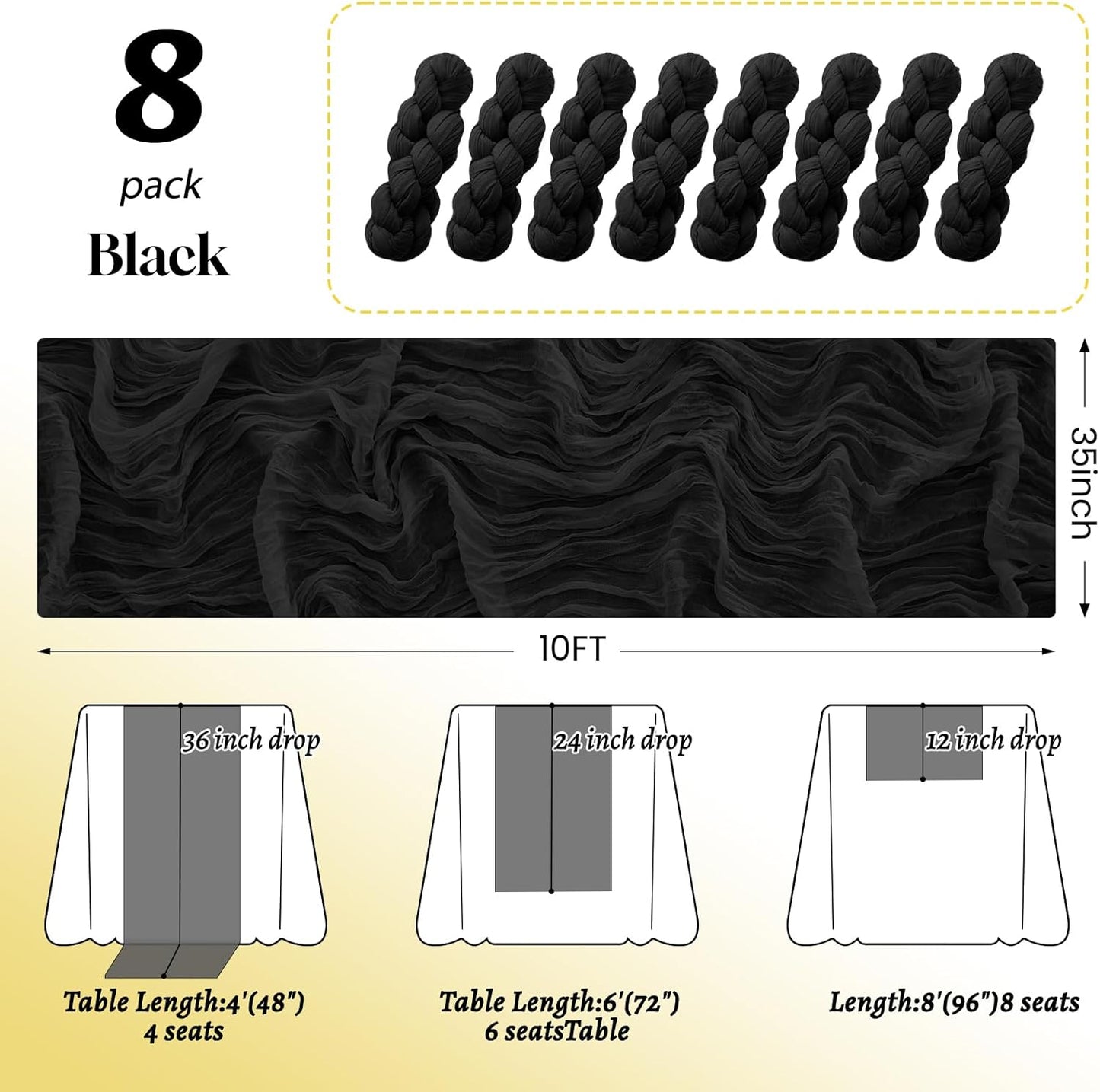 8Pack Black Halloween Table Runner 10FT Cheesecloth Table Runner 35x120Inch Long Boho Cheese Cloth Table Runners Rustic Gauze Table Runners for Party Wedding Bridal Shower Baby Shower Decorations