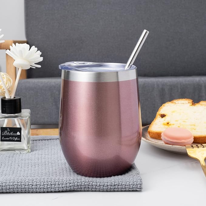12 oz Insulated Wine Tumbler with Lid and Straw,Stainless Steel Stemless Wine Tumbler Glasses Double Wall Vacuum Wine Cups Tumbler for Coffee,Champaign,Cocktail (Rose Gold,1)