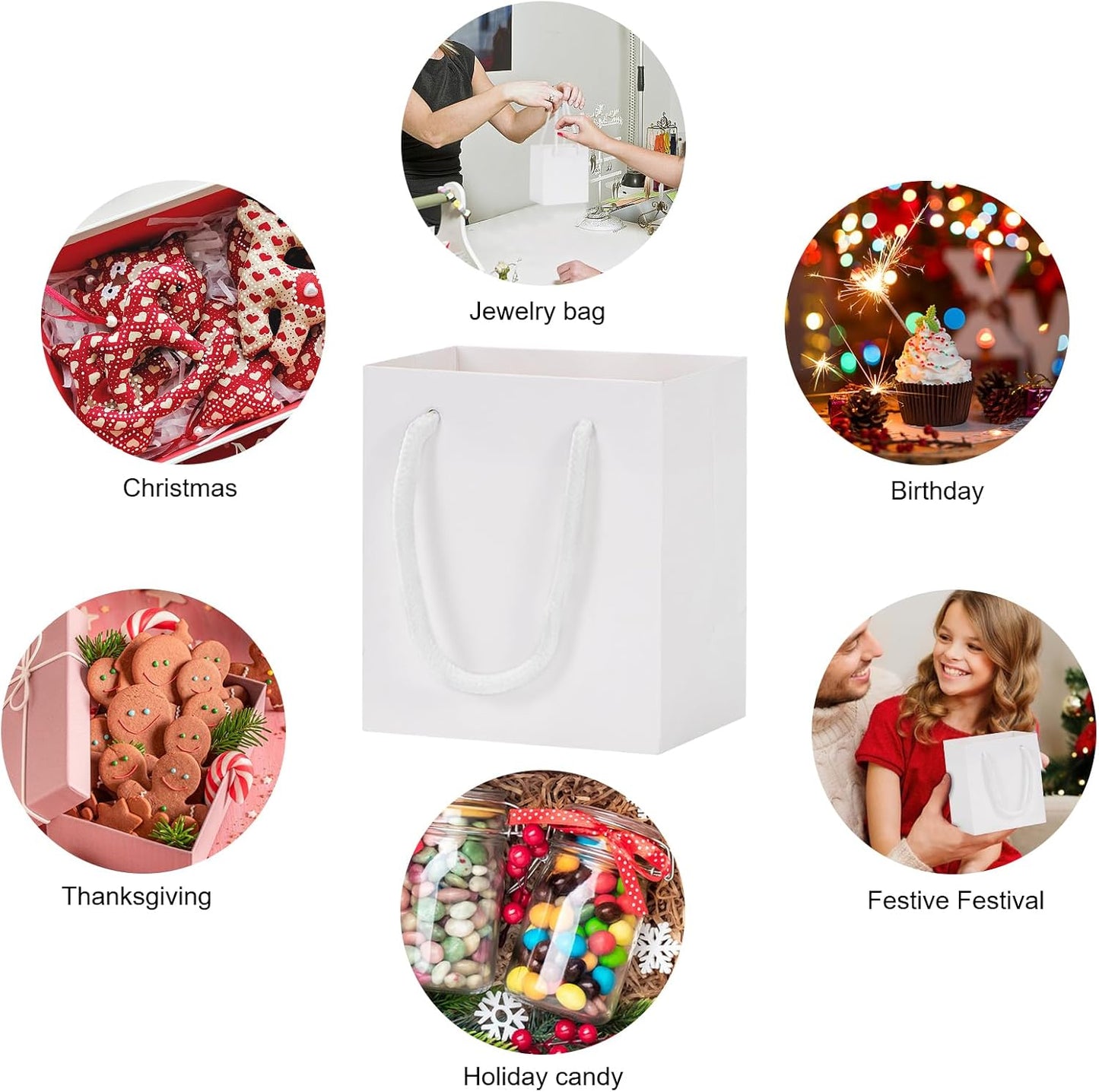 driew Small White Gift Bags 50 Pcs, 4" x 2.8" x 4.5" Min Thick Kraft Paper Bags Bulk with White Handles Set for Wedding Party Birthday Gathering Baby Shower