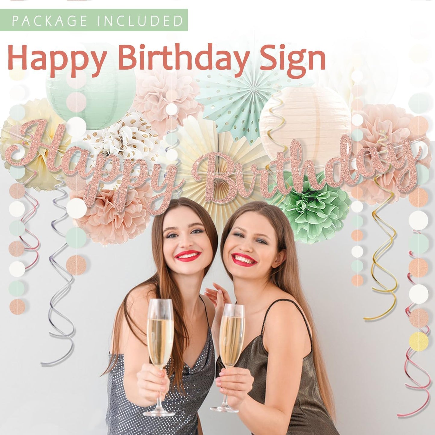 Sage-Green Blush-Pink Birthday Decorations for Women Girls, Cream Light Beige Happy Banner, Paper Lanterns Pom Poms, Olive Green Dusty Pink Balloons, Boho Fairy Anniversary Princess Party Décor