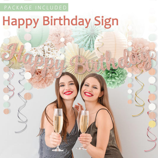Sage-Green Blush-Pink Birthday Decorations for Women Girls, Cream Light Beige Happy Banner, Paper Lanterns Pom Poms, Olive Green Dusty Pink Balloons, Boho Fairy Anniversary Princess Party Décor