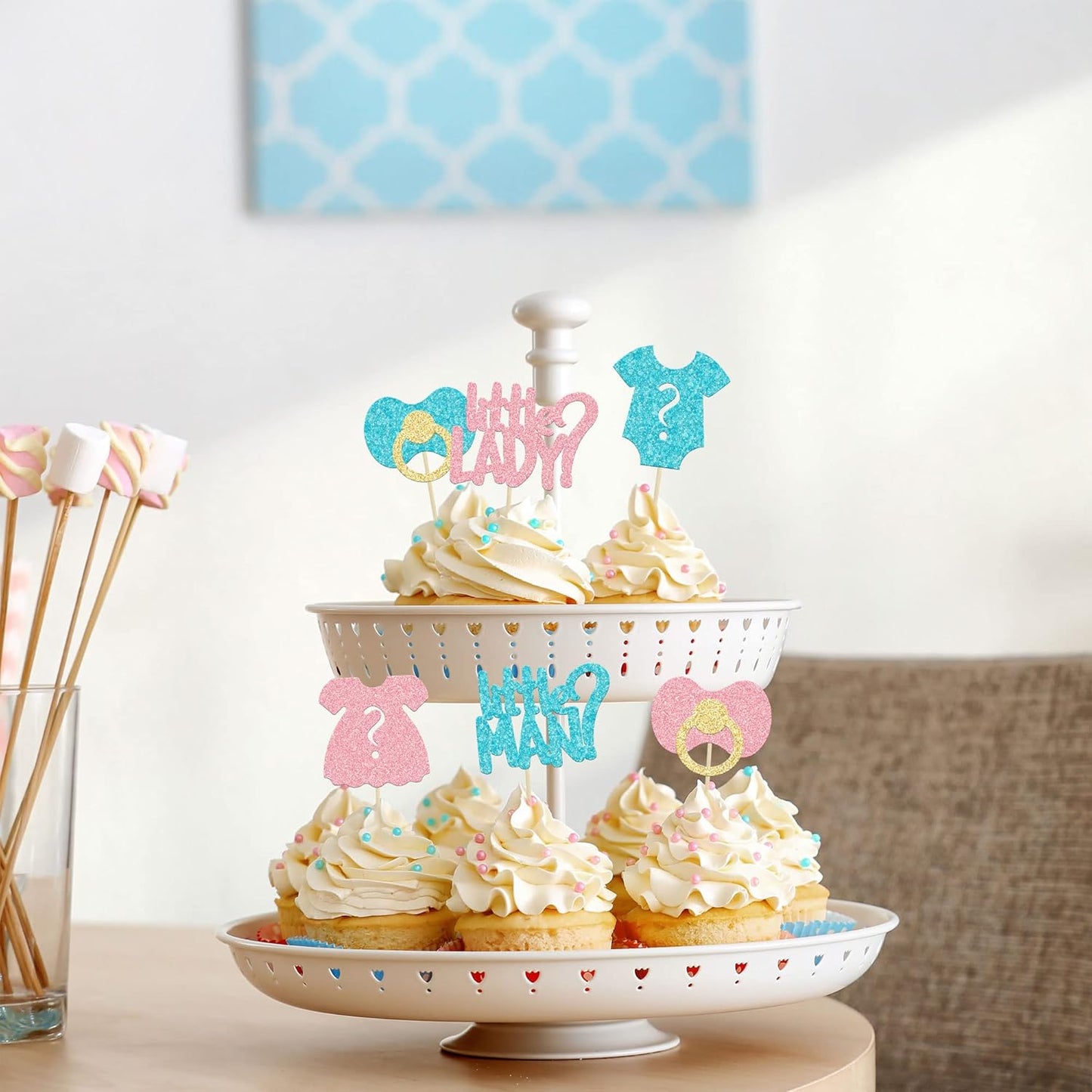 24Pcs Boy or Girl Cupcake Toppers Glitter Gender Reveal Onesie Question Mark Cupcake Picks Little Man or Little Lady Baby Shower Cake Decorations for Kids Birthday Gender Reveal Party Cake Decoration