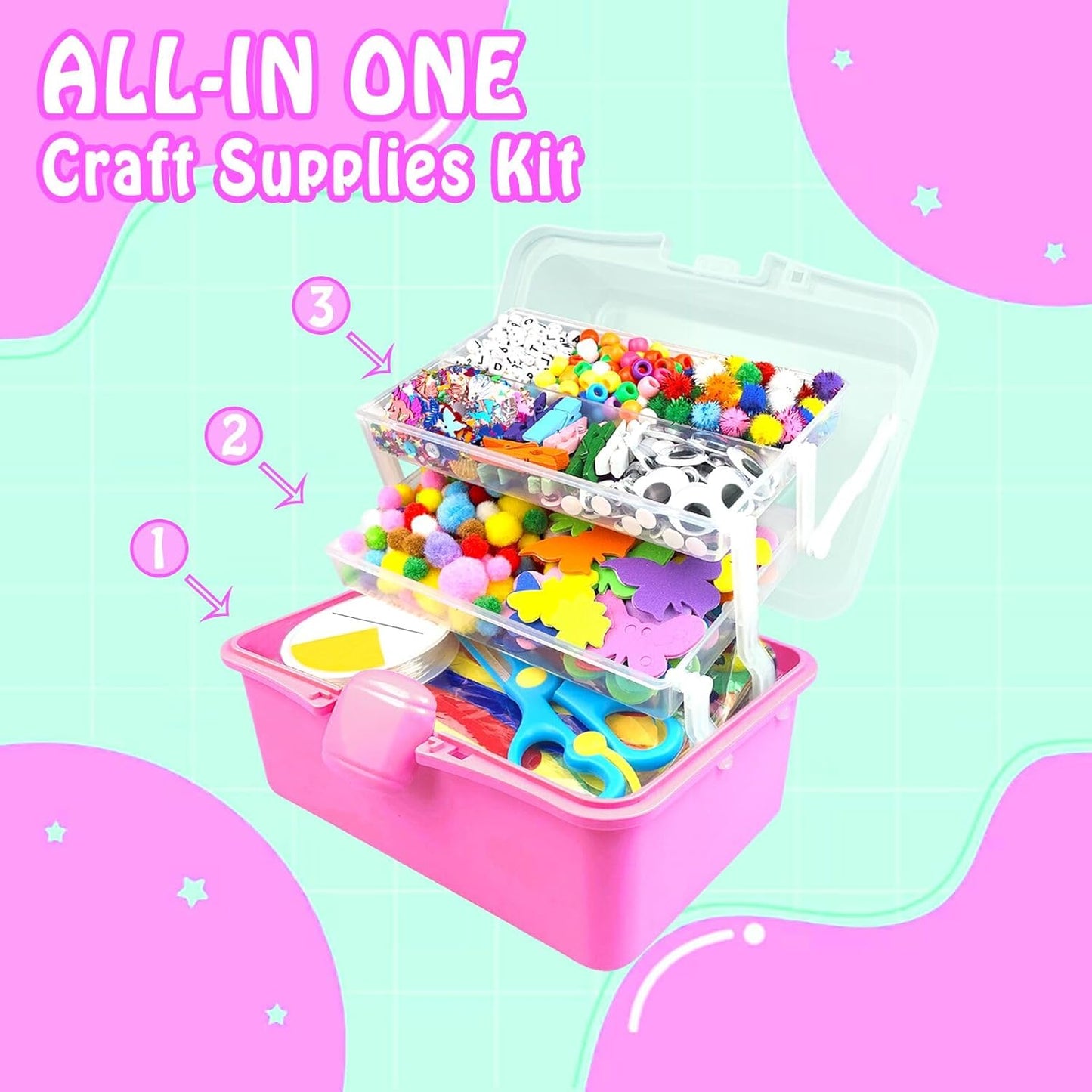 3000Pcs Arts and Crafts Supplies for Kids Craft Kits with Pipe Cleaners Crafting Supply All in 3 Layered Craft Box DIY Crafts for Kids Ages 4-8 8-12 Homeschool Supplies Toys Gifts for Girls & Boys