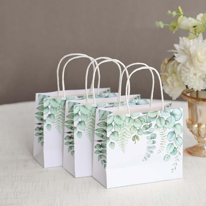 Efavormart 12 Pack 6"x7" Green Eucalyptus Paper Gift Bags with Handles - Botanical Party Favor Goodie Bags for Wedding and Baby Shower