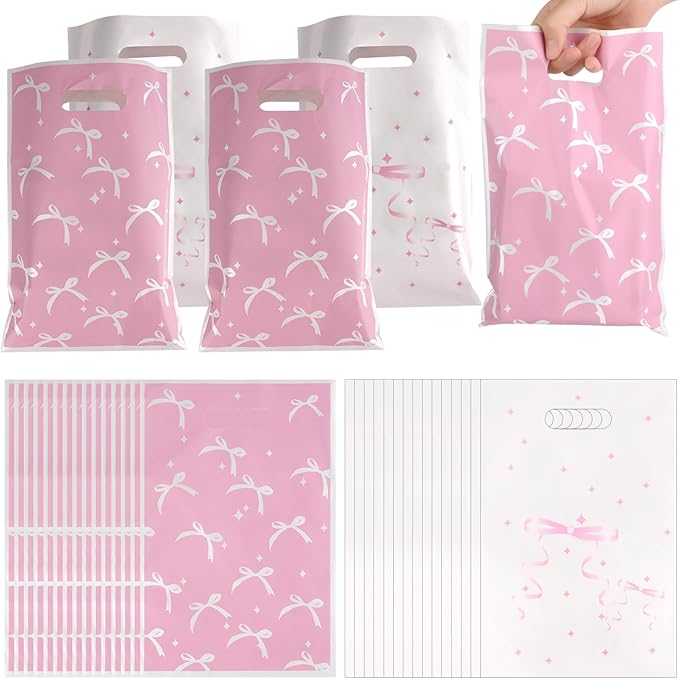 ARPOVIST 100 Pcs Pink Bow Gift Bags,9.8" x 6.5" Coquette Plastic Goody Bag with Handles for Baby Shower, Bridal, Birthday, Bachelorette, Engagement, Wedding,Candy Treat Bags Bulk
