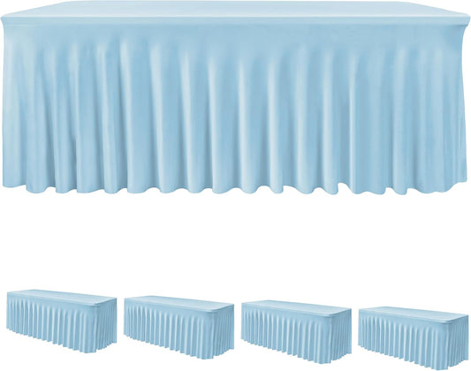HolidayIdeas Spandex Table Skirts for Rectangle Tables 8 Ft, Fitted Stretch Table Cover 30x96 Inch, Wrinkle-Free Ruffle Design Tablecloths for Banquets,Trade Shows, Parties, Events, 4 Pack, Baby Blue