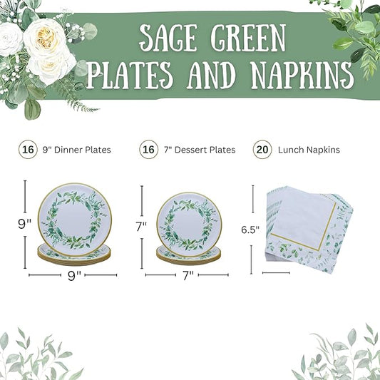 Blue Orchards Sage Green Plates and Napkins (52 for 16 Guests) - Eucalyptus Party Supplies, Botanical Themed Decorations, Sage Green Baby Shower, Wild One Birthday