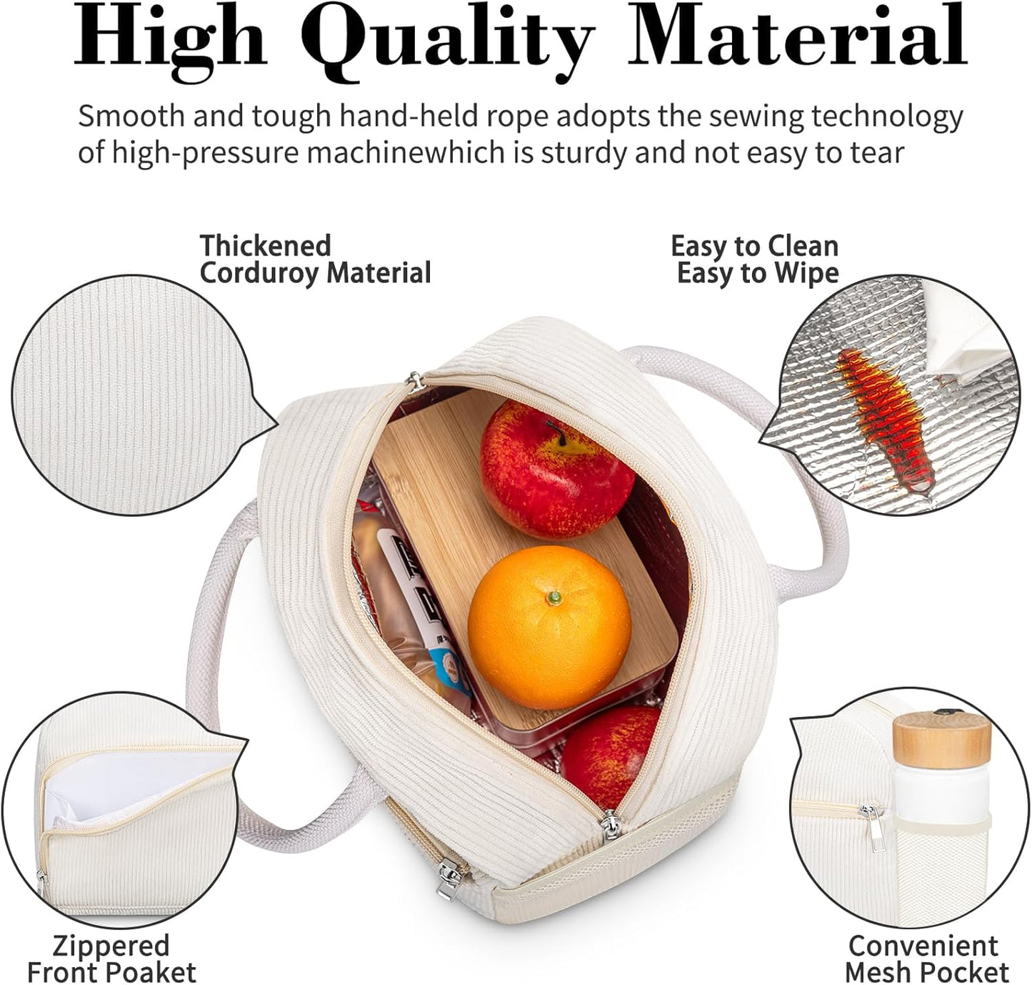Coobiiya Lunch Bag for Women Men, Cute Corduroy Lunch Tote Bags Insulated Reusable LunchBox Large Capacity Cooler Bag for Work Travel Picnic