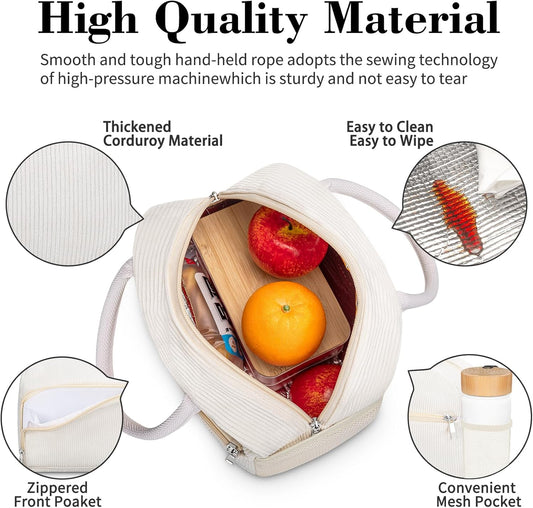 Coobiiya Lunch Bag for Women Men, Cute Corduroy Lunch Tote Bags Insulated Reusable LunchBox Large Capacity Cooler Bag for Work Travel Picnic