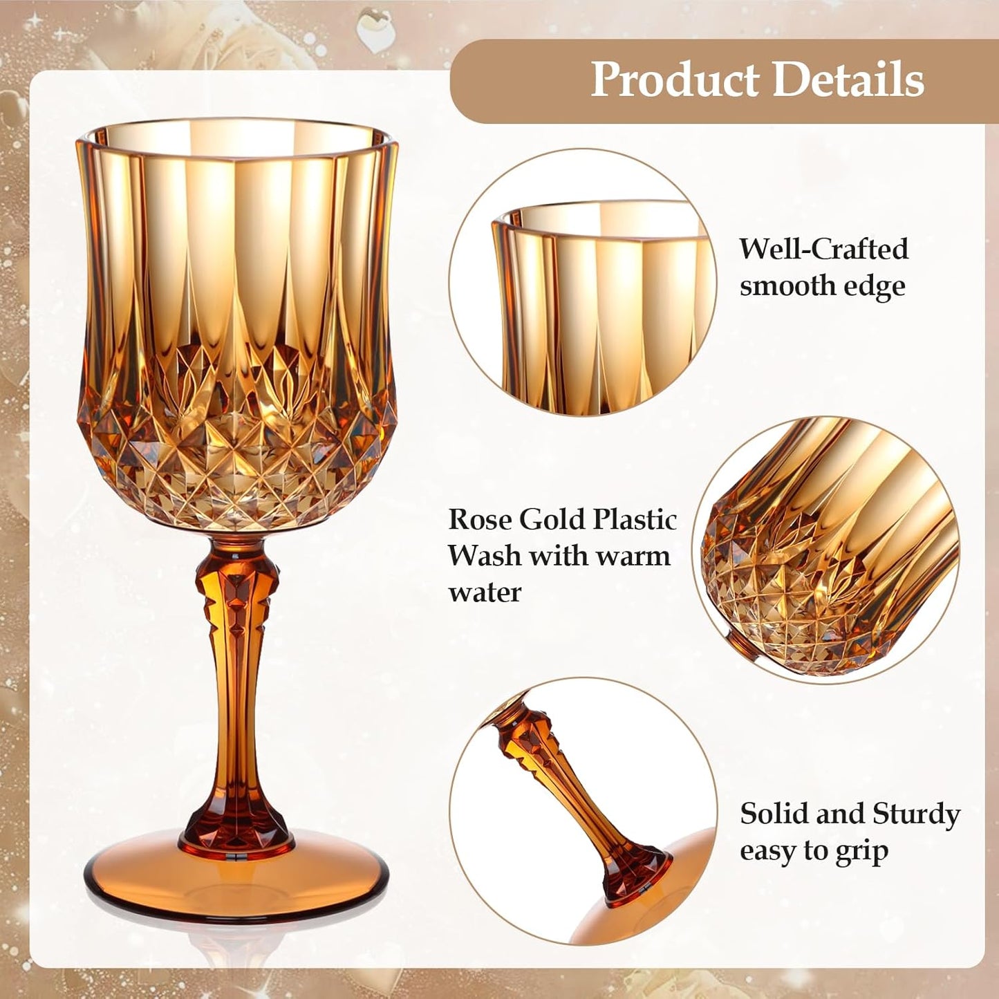 XUWAIDSGN 7oz Plastic Vintage Wine Glasses Drinking Glasses Unbreakable Wedding Glassware Crystal Water Goblets Reusable Drinkware Vintage Champagne Flutes (48, Brown)