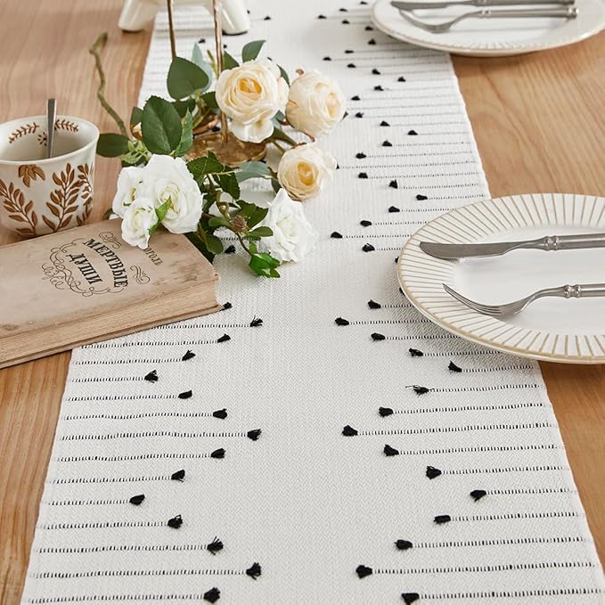 Wracra Boho Table Runner, Natural Cotton Woven Macrame Table Runners 90 Inches Long for Modern Farmhouse Woven Home Decor, 14x90 Inch, Black