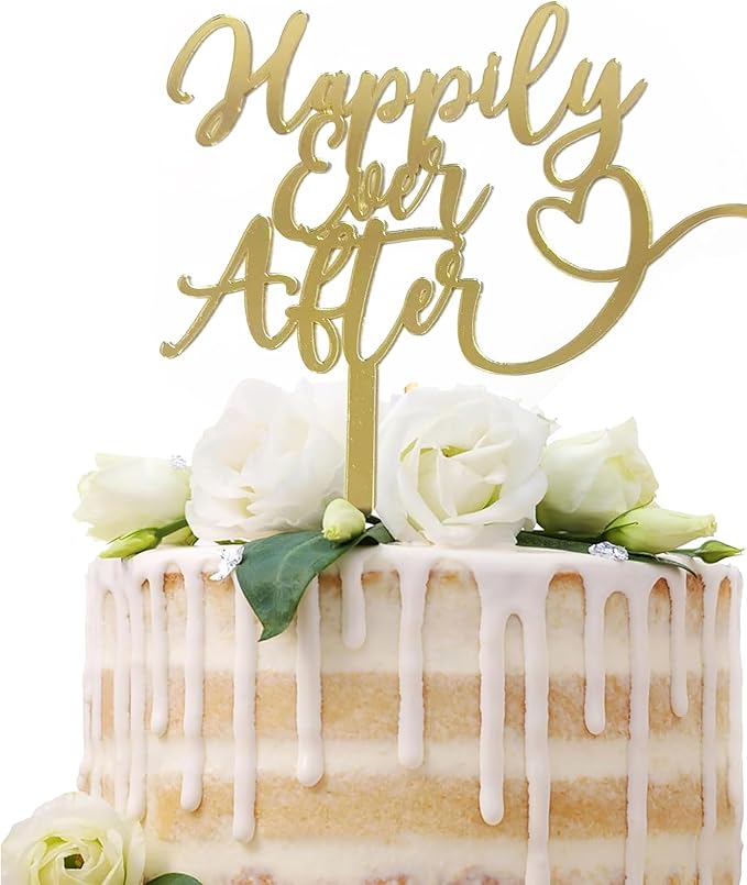 Happily Ever After Cake Topper-Acrylic Gold Wedding Cake Decorations for Wedding,Engagement,Bridal Shower,Vow Renewal,Anniversary Party Decoration Supplies