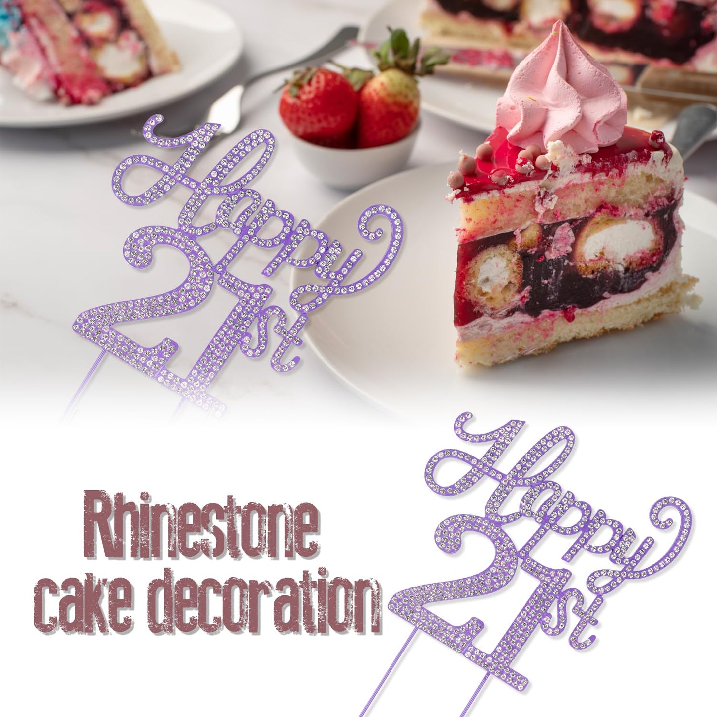 LASKYER Happy 21st Birthday Purple Rhinestone Cake Topper - 21st Birthday/Anniversary,Cheers to 21 Years Old Bday Party Metal Sparkly Centerpieces Decorations.