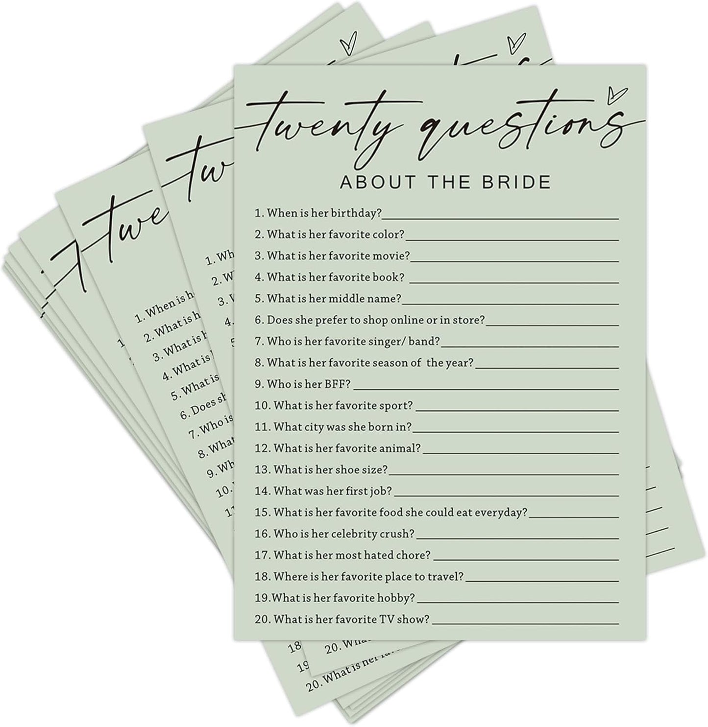 Bridal Shower Games, Twenty Questions About The Bride, 25Pcs Minimalist Sage Green Bridal Game Cards, Wedding Shower Games for Guests, Engagement Bachelorette Party Supplies