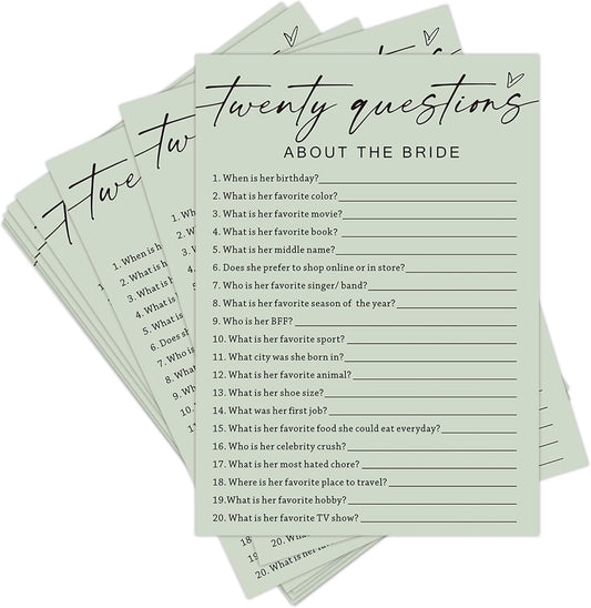 Bridal Shower Games, Twenty Questions About The Bride, 25Pcs Minimalist Sage Green Bridal Game Cards, Wedding Shower Games for Guests, Engagement Bachelorette Party Supplies