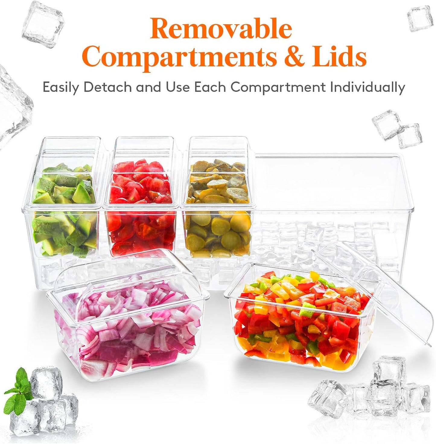 Lifewit 2 Pack Ice Chilled Condiment Caddy with 5 Containers(2.5 cup), Condiment Server with Separate Lids, Serving Tray Platter for Bar Accessories, Fruit, Salad, Taco, Party Garnish