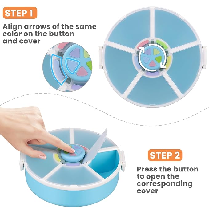 Snack Rotator Container Reusable Snack Box with 5 Compartment Dispenser and Lid, Color Matching Opening Lid, BPA and PVC Free, for Home, School, Travel (1 Pack- Blue)